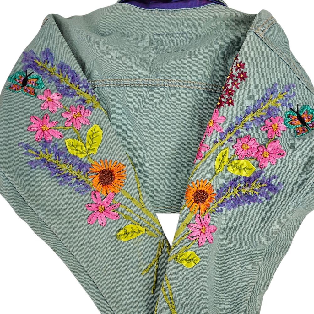 Jacket Upcycled blue green denim ribbon embroidered floral cropped Small - Picture 7 of 13